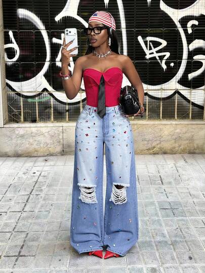 Slaydiva 女士彩色水钻装饰破洞阔腿宽松休闲牛仔裤
