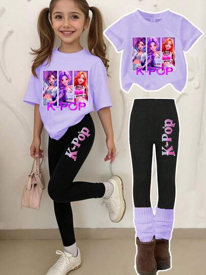 1 Set Young Girls Casual Fashionable Cool 3D Cartoon K-POP Girl Letter Print Short Sleeve T-Shirt And Leggings Outfit, Spring To Summer