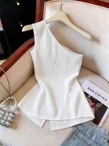 GlowEve Damen asymmetrischer Kragen, Schlitz-Saum, wellige Textur, figurbetont, schick, sexy, vielseitig, Frühling/Sommer Top in Beige - Weiss - Übersicht 2