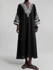 Ontre 2026 SS 新款女裝長洋裝，純色時尚，適合夏季。黑色刺繡圖案，波希米亞風，喇叭袖，燕麥色寬鬆舒適長洋裝，V領，度假穿搭，島嶼度假村，音樂節，女裝外套，下午茶派對，日百搭長洋裝 - 黑色 - 查看 5