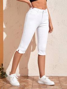 SHEIN Frenchy Split Hem Capri Skinny Capri Jeans White Summer Casual White - White - View 5