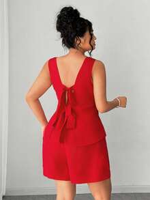 Elenzga 女士红色无袖两件套：露背蝴蝶结短款上衣+短裤，适合约会、购物、派对、通勤，时尚百搭 - 紅色 - 查看 8