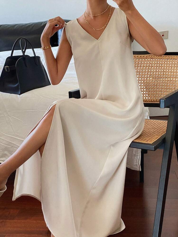 Solid Color Loose V-Neck Sleeveless Dress, Casual Summer Holiday Dress For Women Sundress