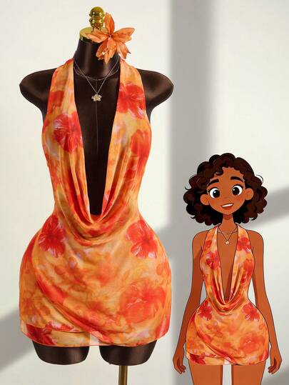 Zestiva Women's Bright Color Gradient Tie Dye Floral Print Draped Neck Tie Back Hollow Out Crop Top, Sexy Elegant Highlight Beach Party Holiday Style