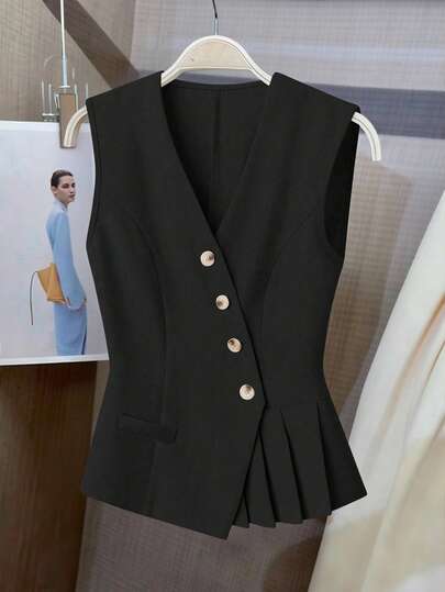 SHEIN Clasi เสื้อกั๊กแฟชั่นผู้หญิง สีทึบ ยาวแอสมิเมตริกนุ่มหรูโรแมนติกสำหรับวันแห่งความรัก คอวี กระดุมเฉียง