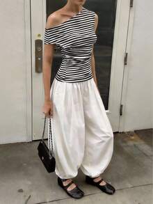 Maija Deas 女士黑色露脐上衣，饰有水钻，简约都市风单肩条纹不对称上衣，春夏时尚清爽必备单品，时尚达人必备条纹上衣，黑白条纹上衣，女士 - 黑與白 - 查看 4