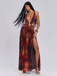 ROMWE Spring/Summer Y2K Sexy Cutout Beaded Tie-Up Thigh High Slit Maxi Dress For Vacation - Multicolor - View 1