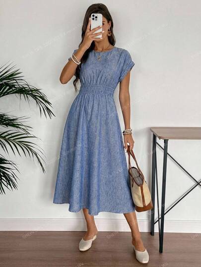EMERY ROSE Women's Denim Effect Print Round Neck Batwing Short Sleeve Casual Long Dress Casual Dresses For Women Boho  Vacation Dresses Blue Midi Dress Blue Summer Dress Women