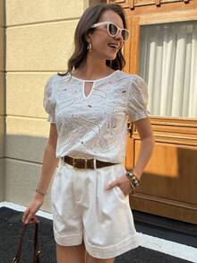 Solivie Women's White Embroidered Blouse, Elegant For Vacation, Casual Everyday Wear, Spring/Summer Summer Top Easter Weddings & Events Graduation Dress Elegant Vacation - White - View 5