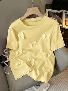 GlowEve CURVE 大码女式纯色蝴蝶结装饰短袖休闲T恤 - 黃色 - 查看 1