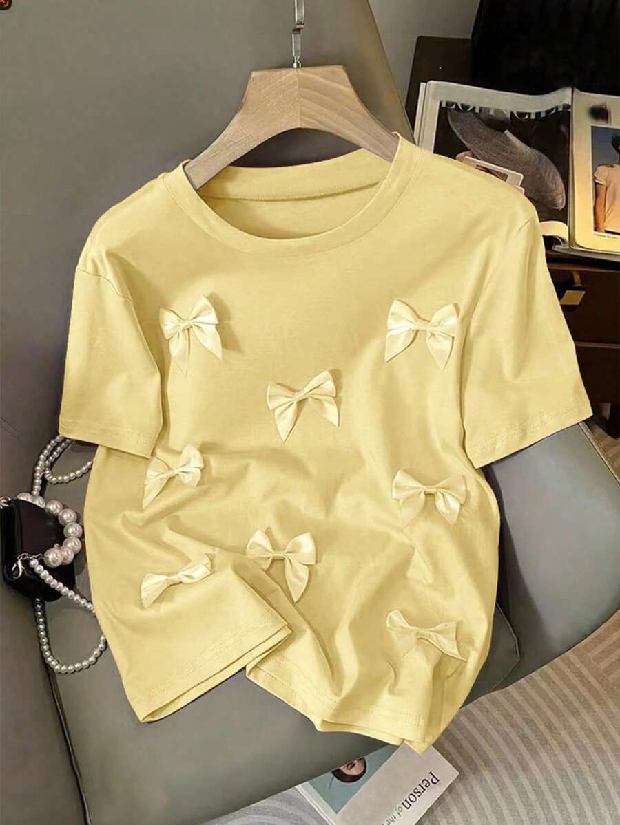 GlowEve CURVE 大码女式纯色蝴蝶结装饰短袖休闲T恤 - 黃色 - 查看 1