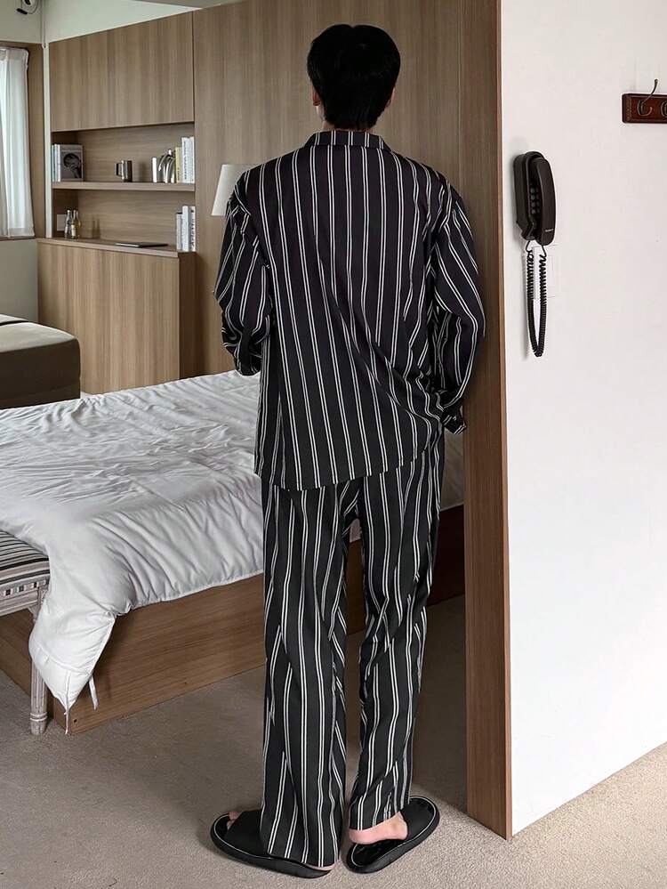 Spring Striped Puppy & Letter Print Long Sleeve Shirt With Pants Men's Pajama Set