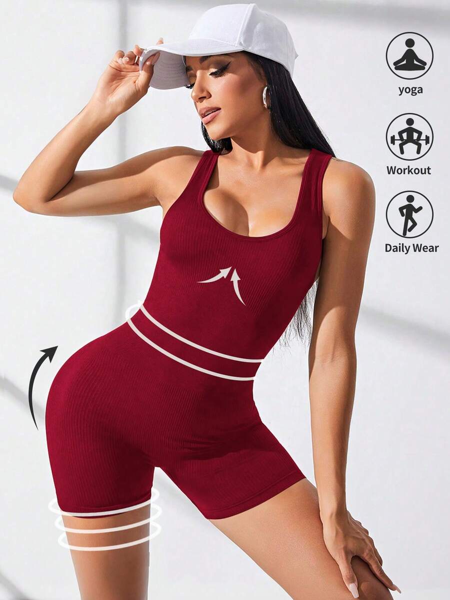 SHEIN Sports Bộ đồ thể thao liền thân, màu trơn/dệt gân/không đường may - Màu Đỏ Sâu - Xem 1