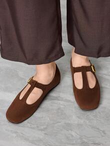 Sleekvia Women's Buckle Design Casual Versatile Flat Shoes - Coffee Brown - View 1