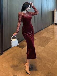 DAZY 女士秋季蕾丝拼接美人鱼中长连衣裙 - 酒紅色 - 查看 4