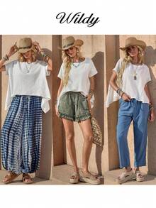 Wildy Camiseta holgada de mujer de manga de murciélago de unicolor, estilo occidental country estadounidense bohemio, uso básico diario para exteriores y transporte, primavera/verano - Blanco - Ver 4