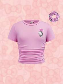 HELLO KITTY AND FRIENDS | SHEIN 少女可爱猫咪印花休闲圆领短袖T恤，附赠发圈 - 粉色 - 查看 1