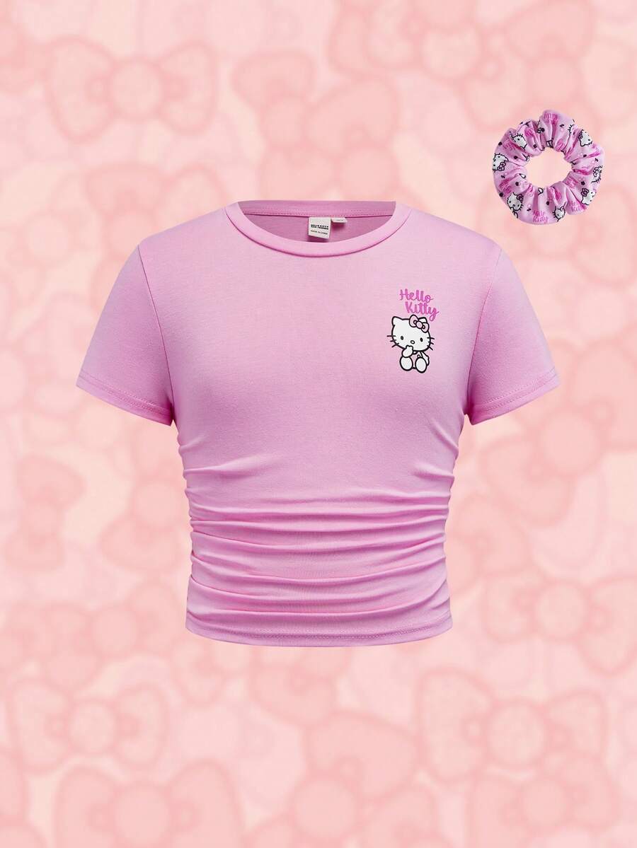 HELLO KITTY AND FRIENDS | SHEIN 少女可爱猫咪印花休闲圆领短袖T恤，附赠发圈 - 粉色 - 查看 1