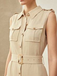 MOTF PREMIUM LINEN BLEND UTILITY POCKET LAYERED MAXI SHIRT DRESS, VINTAGE STYLE, SPRING/SUMMER - Khaki - View 3