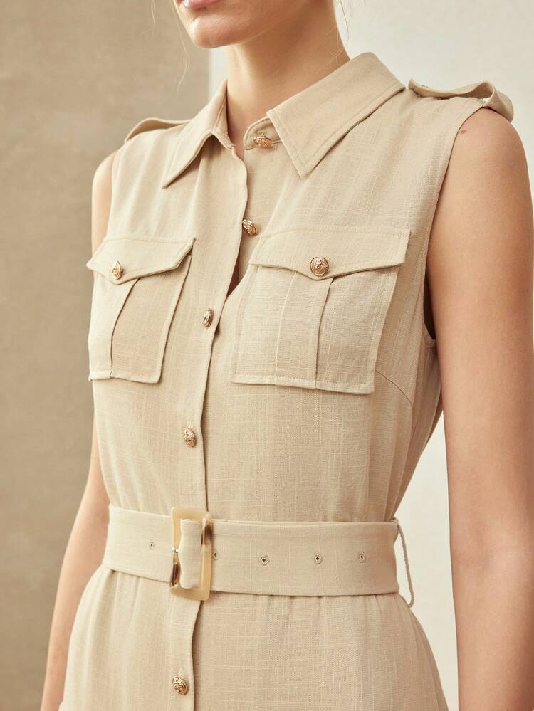 LINEN BLEND UTILITY POCKET LAYERED MAXI SHIRT DRESS, VINTAGE STYLE, SPRING/SUMMER