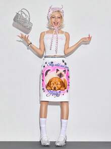 ROMWE 可爱休闲 Y2K 甜美萌系动物猫狗印花女式迷你裙 - 粉色 - 查看 1