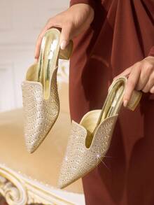 CUCCOO TILAWA Women's Pointed Toe Gold Rhinestone Decor Fashion Open Heel High Heel Sandals - Gold - View 5