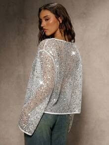 Aloruh Blusa de manga larga transparente con lentejuelas color caqui, adecuada para fiestas en otoño - Blanco y Negro - Ver 2