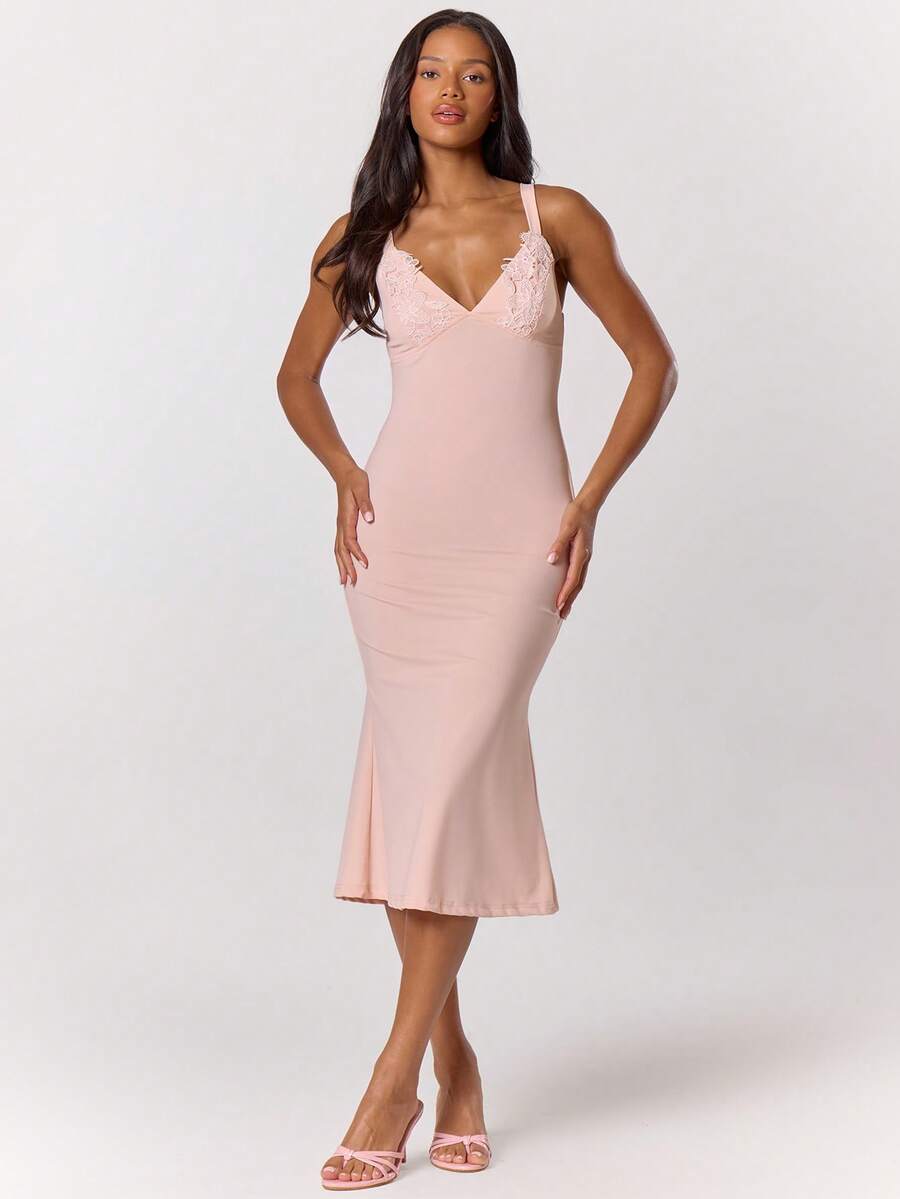 MUSERA 蕾丝贴花细节直筒中长连衣裙，春夏优雅婚礼宾客度假假日场合蜜月咖啡馆 - 淺粉色 - 查看 1