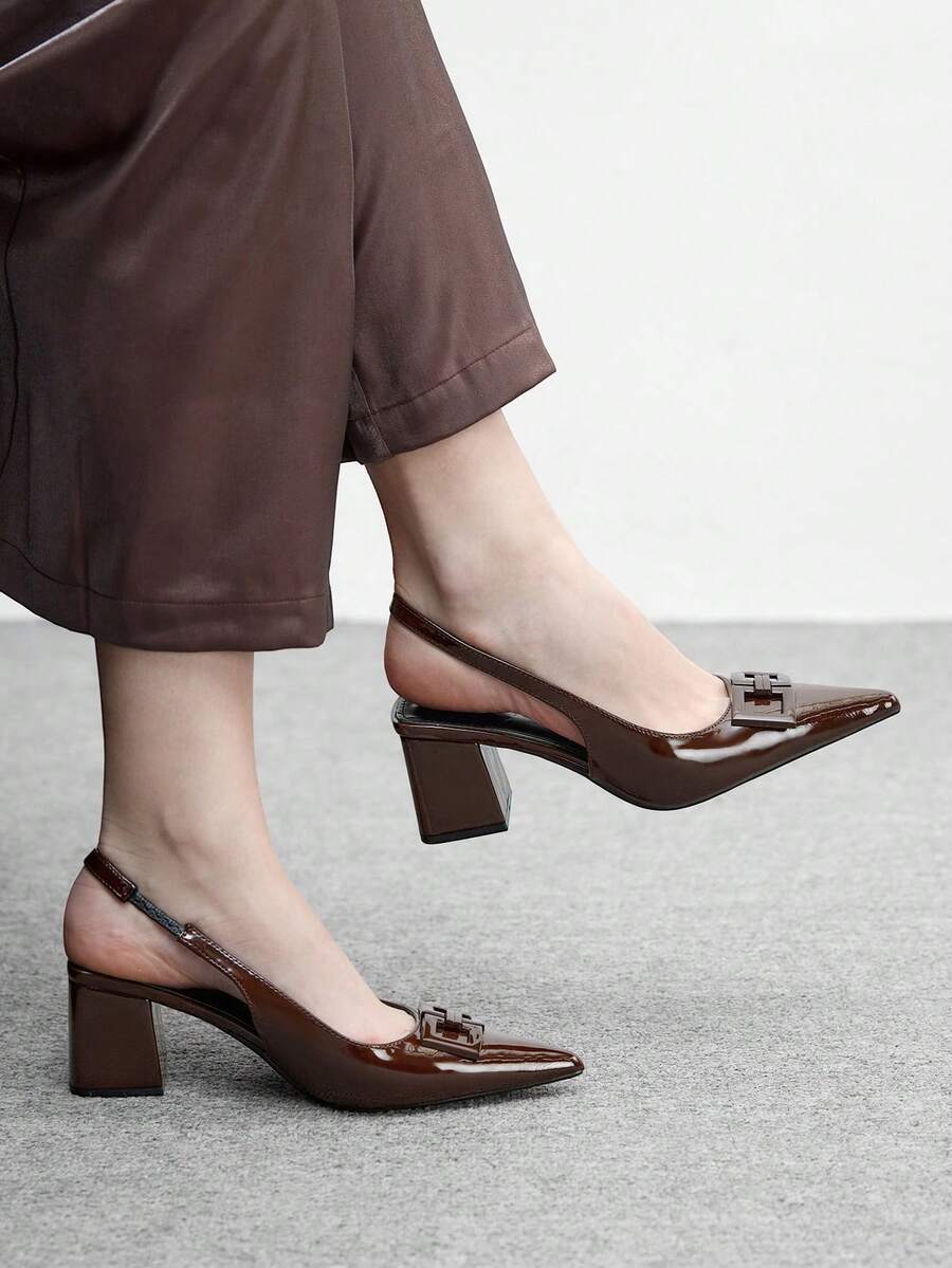 CUCCOO BIZCHIC 休闲纯色粗跟露后跟女式高跟鞋 - 咖啡棕 - 查看 1