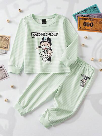 MONOPOLY X SHEIN 2件套幼儿休闲条纹短袖上衣和裤子睡衣套装，大富翁联名款