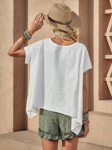 Wildy Camiseta holgada de mujer de manga de murciélago de unicolor, estilo occidental country estadounidense bohemio, uso básico diario para exteriores y transporte, primavera/verano - Blanco - Ver 7