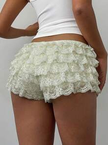 Aloruh Women's Colorblock Lace Trim Mesh Multi-Layer Ruffle Hem Micro Shorts, Suitable For Music Festivals In Spring/Summer - Apricot - View 2