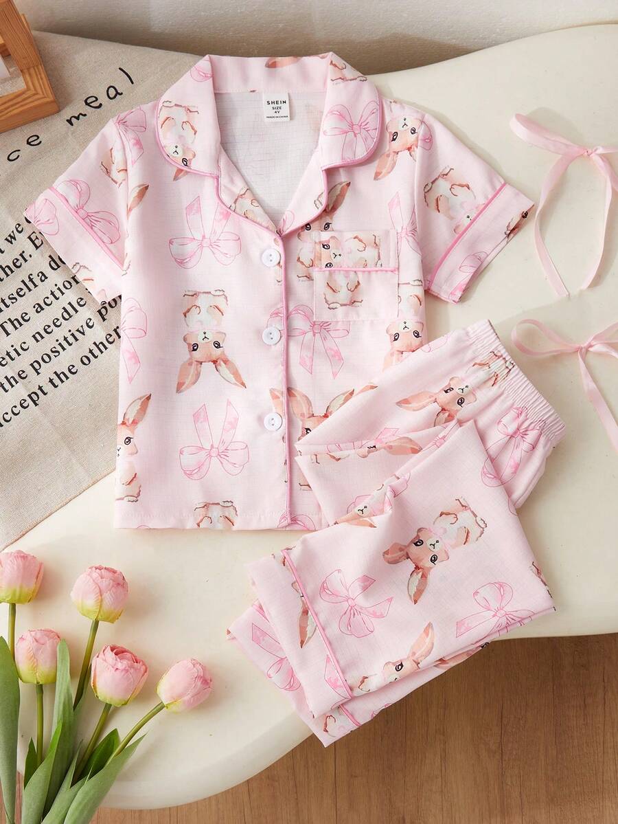 SHEIN 2件套 女童可爱兔子印花短袖开衫和宽松长裤休闲舒适家居服套装 - 淺粉色 - 查看 1