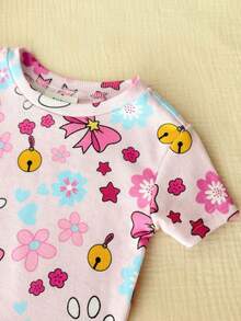 SHEIN 4件套 Dozemod 儿童女童休闲简约修身圆领短袖上衣和裤子家居服套装，卡通图案，适合春夏穿着 - 淺粉色 - 查看 2