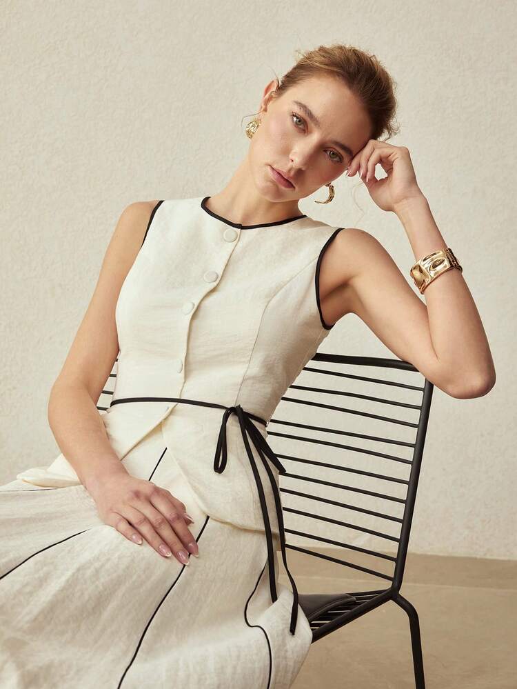2PCS SET: CONTRAST TRIM SLEEVELESS TOP AND CONTRAST TRIM SKIRT, CLASSIC ELEGANT OFFICE WEAR, SPRING/SUMMER