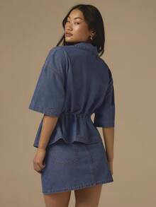 COSMINA V-Neck Puff Sleeve Top And Denim Skirt Set, Ruched Drawstring Waist Denim Blouse, Blue Denim Outfit, Women Summer Denim Set, Elegant Denim Suit - Blue - View 2