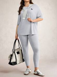 SHEIN LUNE 优雅女士两件套秋季女装大码女装黑白条纹露肩T恤和打底裤休闲套装女装两件套机场女装套装黑色两件套旅行装机场得体 - 灰色 - 查看 5