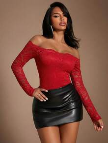 Radiana 女士性感优雅蕾丝露肩连体衣，蕾丝上衣，露肩上衣，适合日常外出、约会、派对、生日、夜店、俱乐部、嘉年华等场合，弹性蕾丝面料，修身显瘦，百搭日常穿着 - 紅色 - 查看 1