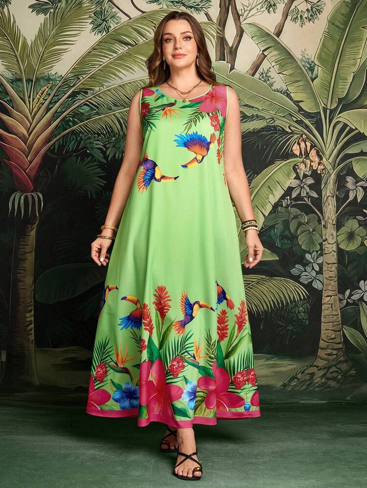 Plus Size Animal Print Round Neck Casual Vacation Sleeveless Dress Summer Outfits Beach Vacation Outfits For Women Floral Dress BOHO Clothes Women's Summer Dresses Women Maxi Dresses Women Casual Dresses Summer Outfits For Women Beach Outfit For Women Casual Vacation Outfits Women Country Concert Outfit Peplum