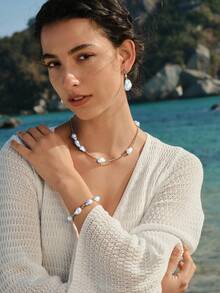 Opalesca 1pc European And American Fashion Baroque Pearl Clavicle Chain, Copper Multi-Element Luxury Niche Necklace, Clavicle Chain, Bracelet - Multicolor - View 3