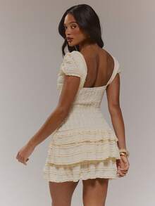 MUSERA Broderie Trim Off The Shoulder Shirred Fitted Tiered Ruffle Mini Dress Cute Spring Easter Occasion Girly Sexy Going Out Mothers Day Soft Bloom - Yellow - View 2