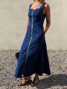 DAZY Women's Casual Sleeveless Front Zipper Long Denim Dress, Summer - Dark Wash - View 3