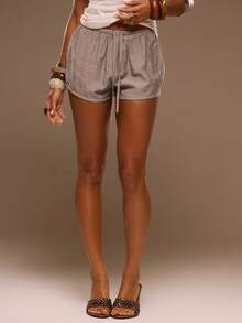 MUSERA Linen Low Rise Tie Front Loose Fit Mini Shorts Spring Summer Vacation Beach Elegant Ibiza Festival Holiday Tajine - Light Grey - View 3