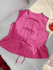 Comfortcana 2pcs Women's Summer Vacation Fuchsia & Blue Striped Tie Front Sleeveless Blouse Set - Multicolor - View 7