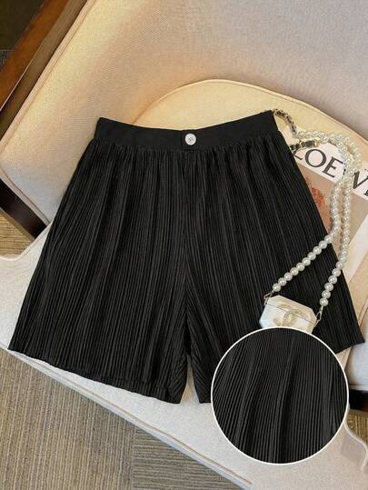 SHEIN Clasi 大码女式黑色褶皱短裤，宽松版型，松紧腰带，夏季款