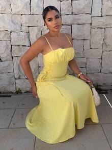 Maria Perezxox Sólido Busto Franzido Lado De Cadarço Vestido Cami - Amarelo - Ver 3