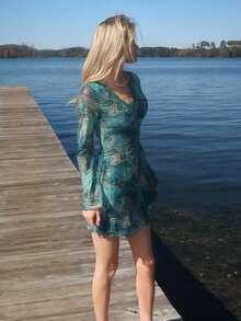 Sydney Algeri Y2K Women Boho Vintage Paisley Print Teal Printed Casual Long Sleeve V-Neck Cinched Waist Women Mini Dress - Multicolor - View 6