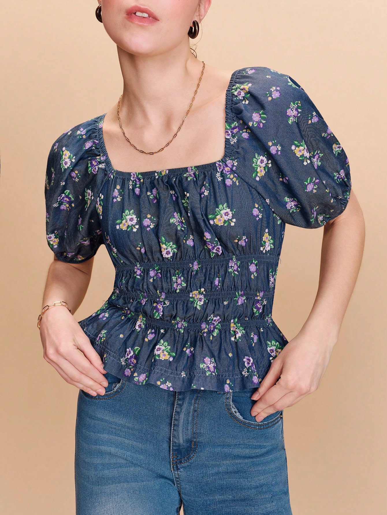 Vintage Dark Blue Denim-Look Floral Smocked Crop Top With Puff Sleeves And A Square Neckline Cute Style Spring Summer Vacation French Style Parisian Style