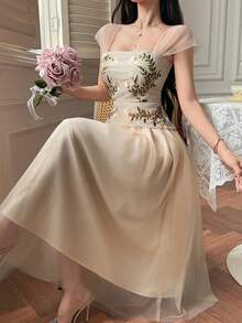 DAZY Floral Embroidery Contrast Mesh Pleated High Waist Dress For Women Sundress Summer - Pink - View 1