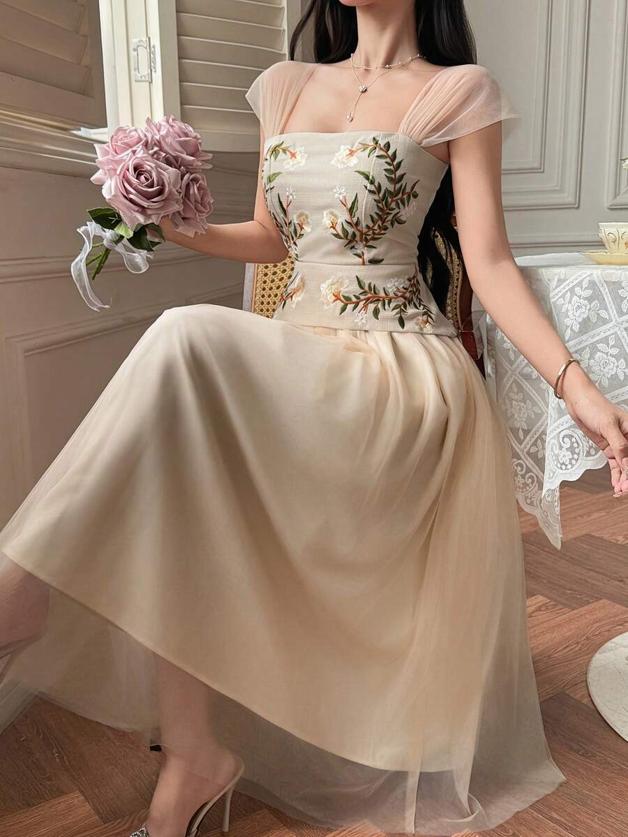 DAZY Floral Embroidery Contrast Mesh Pleated High Waist Dress For Women Sundress Summer - Pink - View 1